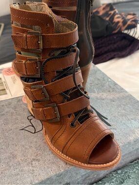 freebird Tan Multi-Buckle Peep-Toe Lace-Up Bootie